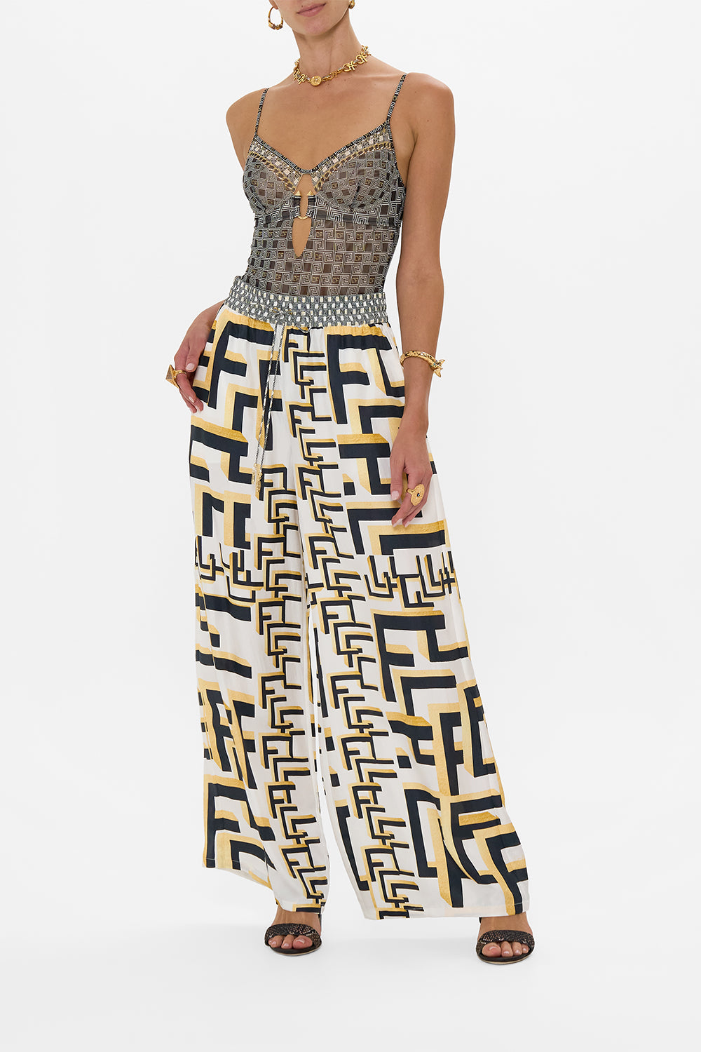 CAMILLA Stretch Mesh Underwire Bodysuit in Temples of Dendara Print