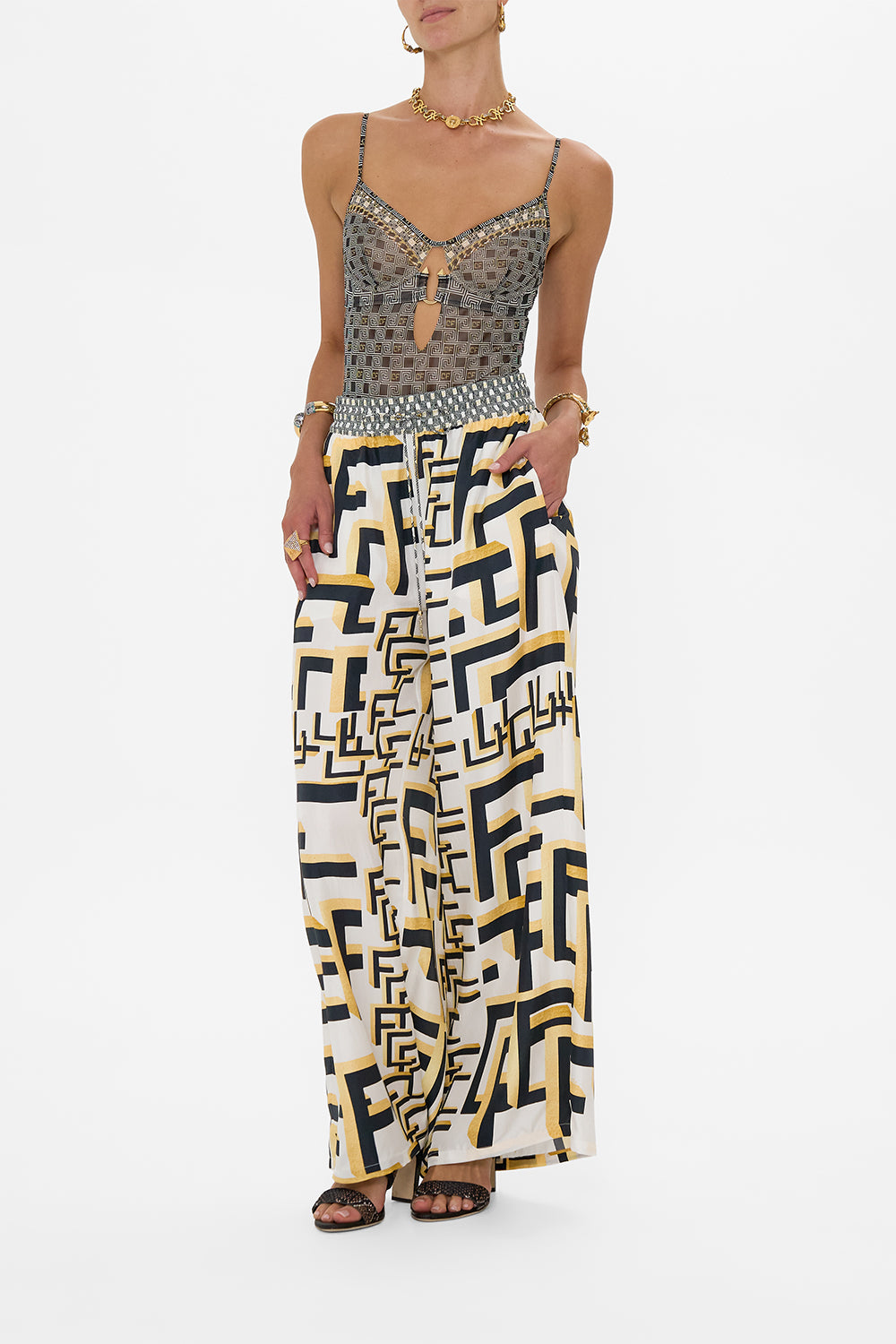 CAMILLA Stretch Mesh Underwire Bodysuit in Temples of Dendara Print