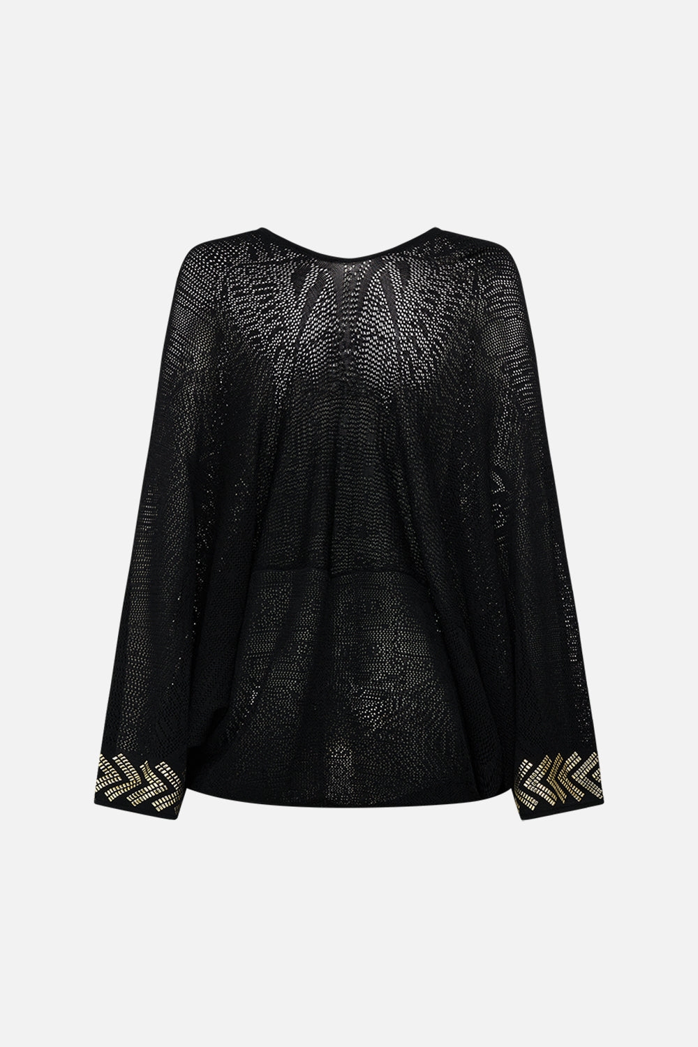 CAMILLA Relaxed V Neck Knot Pointelle Top in Cat Worship print. 