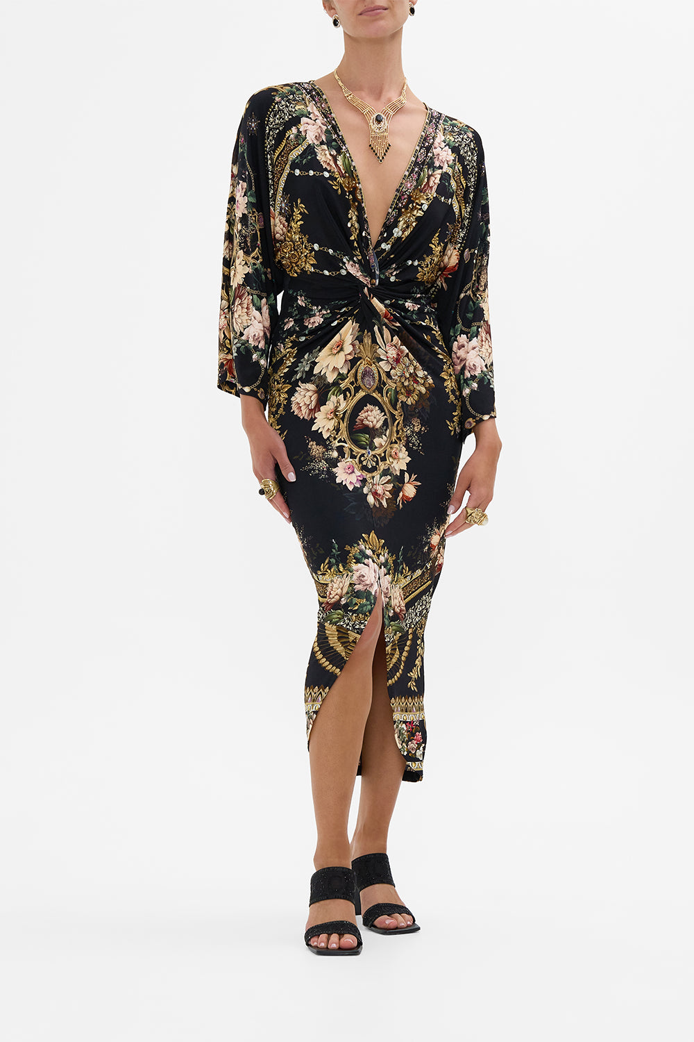 CAMILLA long split front twist dress in Dynasty Daze print. 