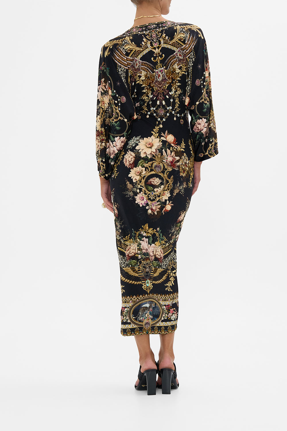 CAMILLA long split front twist dress in Dynasty Daze print. 