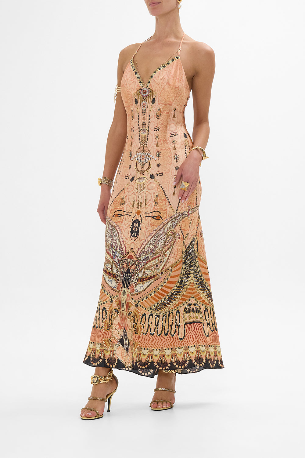 CAMILLA Gold Chain Detail Slip Dress in Kingdom of Hieroglyphs Print