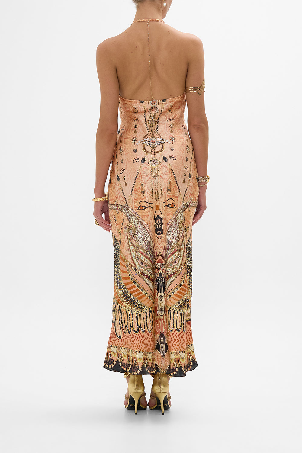 CAMILLA Gold Chain Detail Slip Dress in Kingdom of Hieroglyphs Print