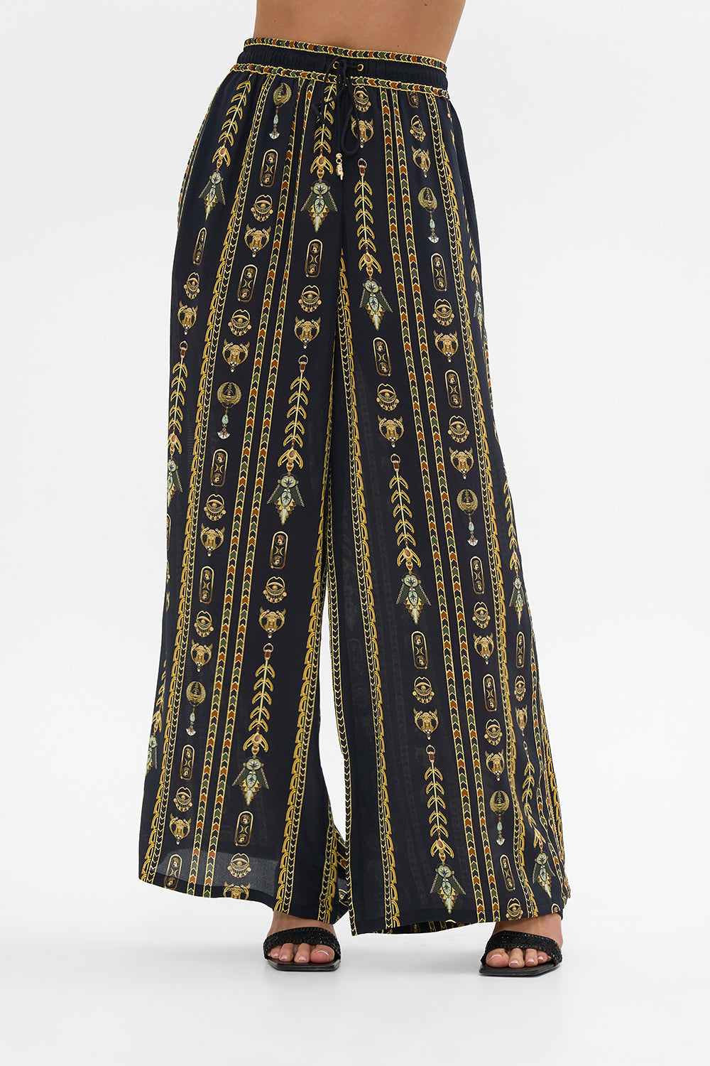 CAMILLA Black/Gold Straight Leg Pant in They Called Her Nefertari print