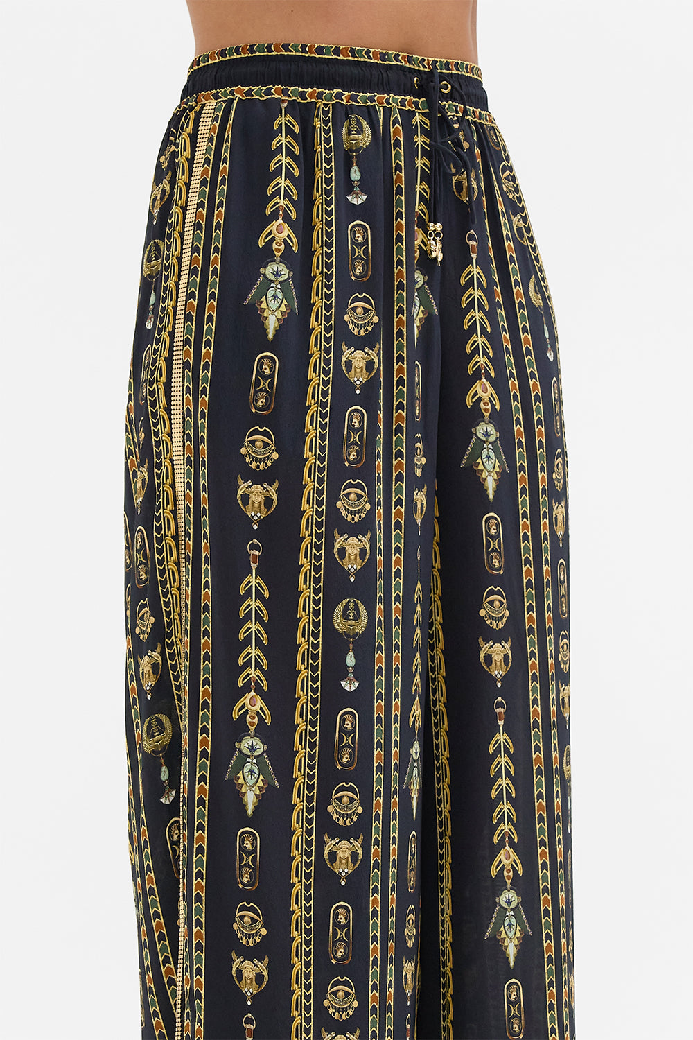 CAMILLA Black/Gold Straight Leg Pant in They Called Her Nefertari print
