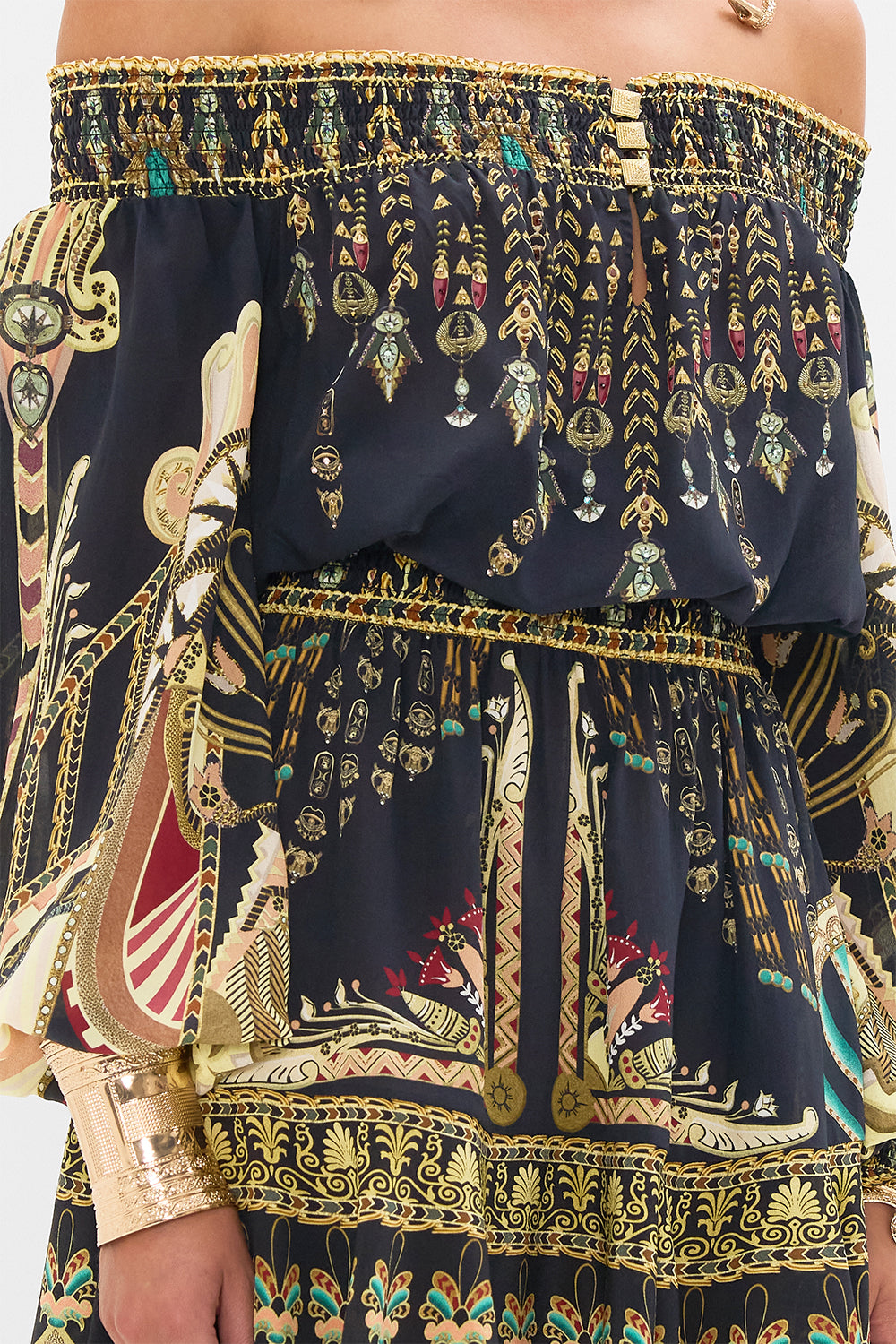 CAMILLA Black/Gold Off Shoulder Short Dress in They Called Her Nefertari print