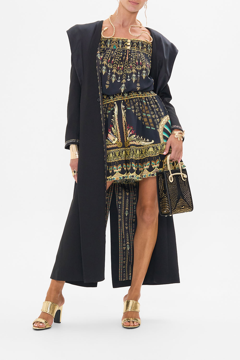 CAMILLA Black/Gold Off Shoulder Short Dress in They Called Her Nefertari print