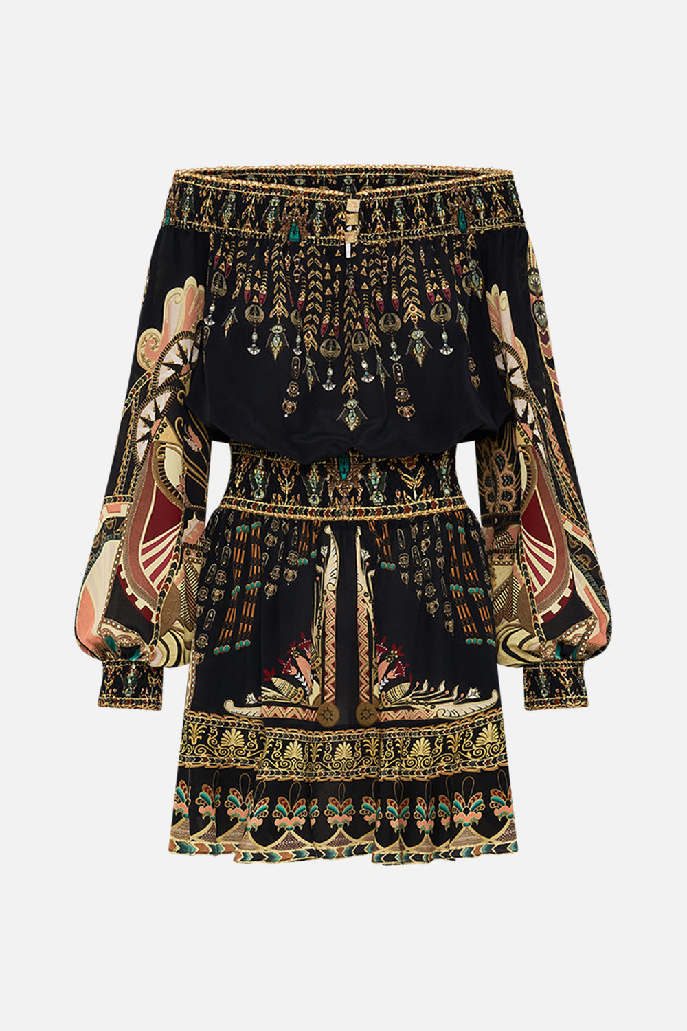 CAMILLA Black/Gold Off Shoulder Short Dress in They Called Her Nefertari print