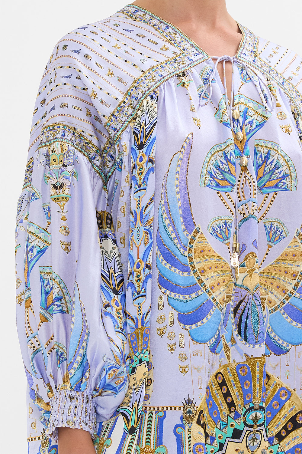 CAMILLA Lilac Blouson Blouse with Neck Tie in Under Scarab Skies print.
