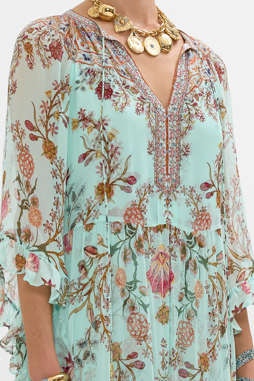 CAMILLA Wide Sleeve Gathered Dress in Weaving Worlds print