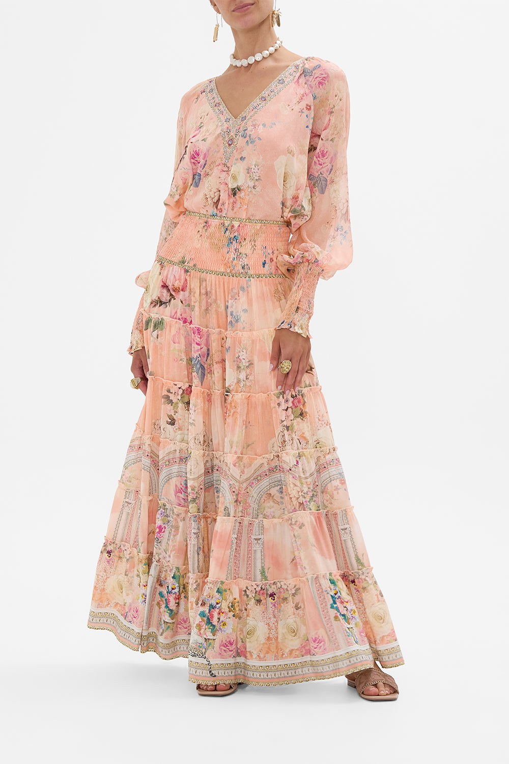 CAMILLA Floral Shirred Cuff Blouse in The Jewellery Palace print. 