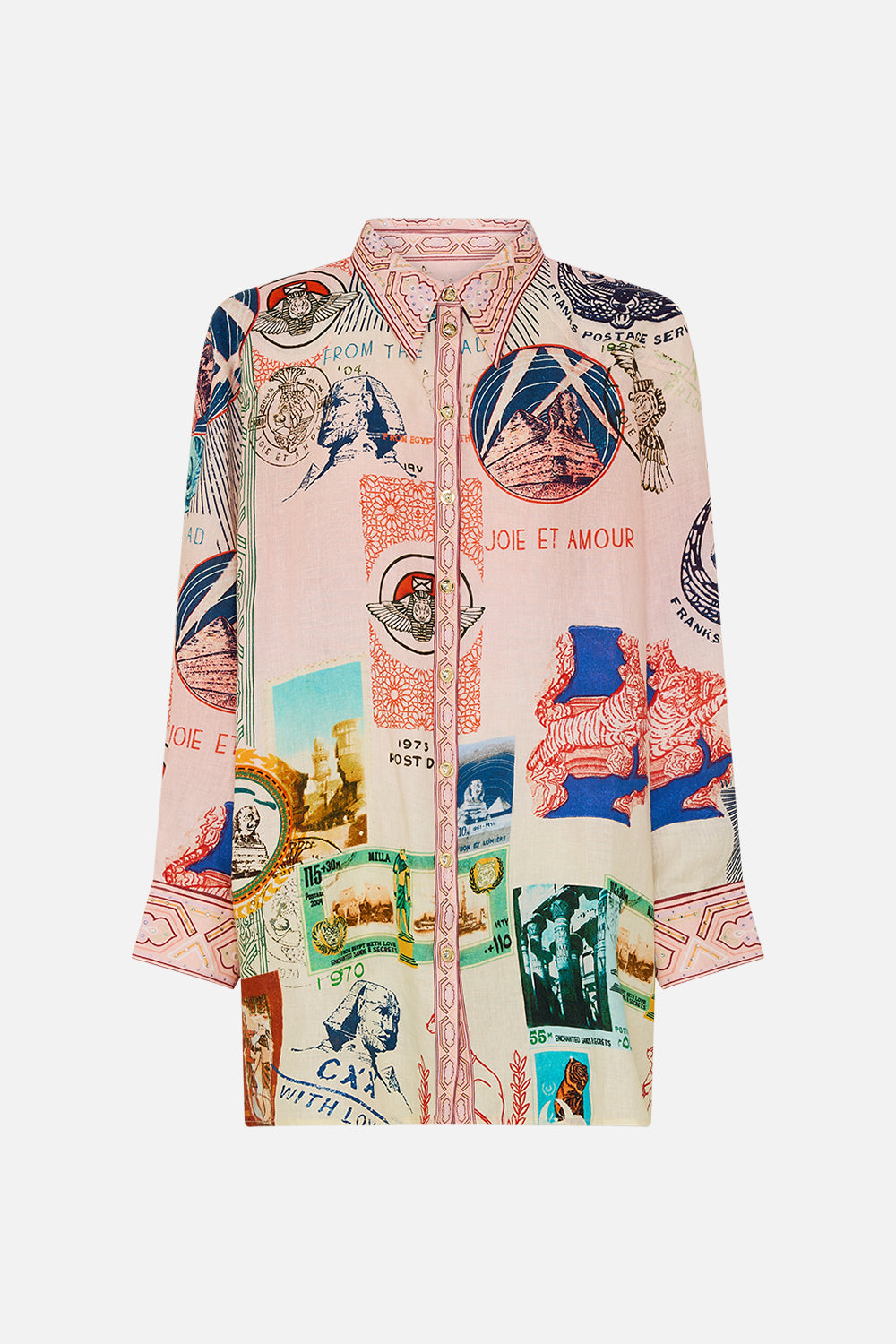 CAMILLA long line shirt with yoke and button detail in Haute Passport print. 