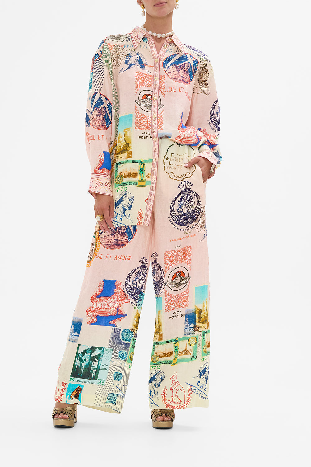 CAMILLA long line shirt with yoke and button detail in Haute Passport print. 