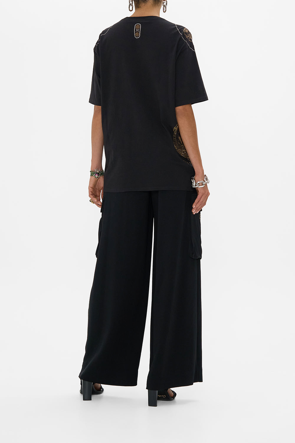 CAMILLA Black Oversized Band Tee in Cartouche Kingdom print. 