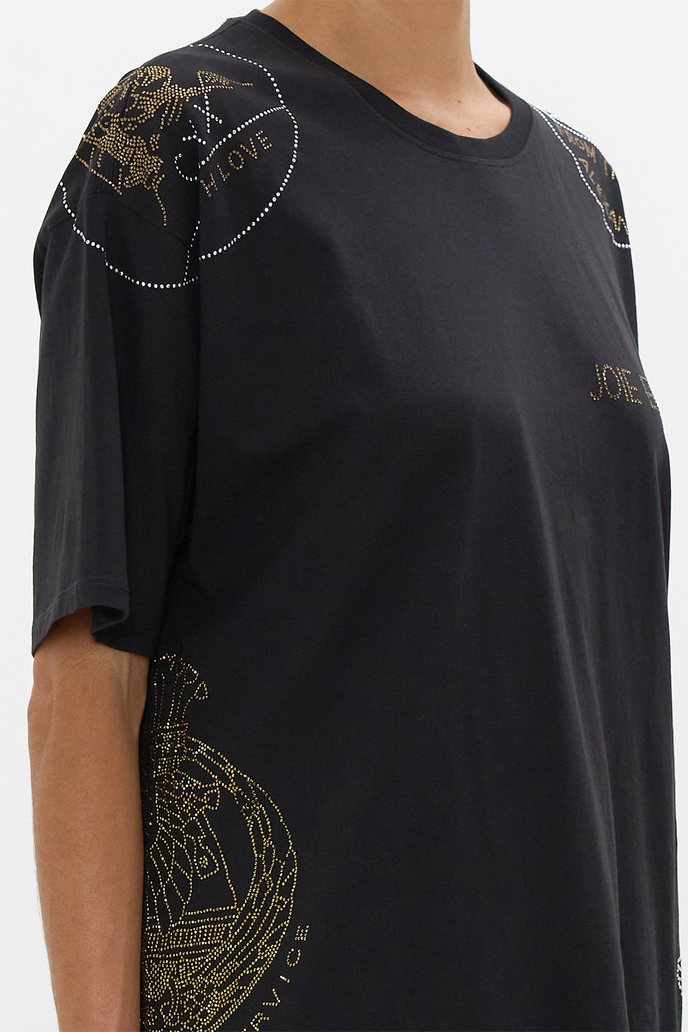 CAMILLA Black Oversized Band Tee in Cartouche Kingdom print. 