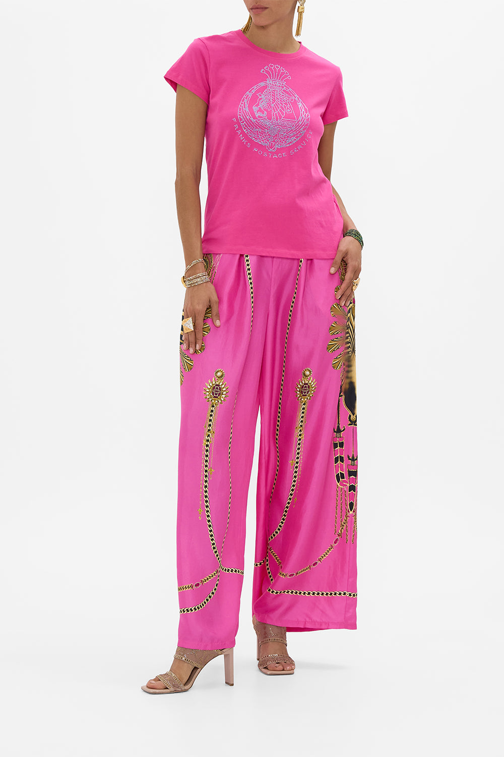 CAMILLA Hot Pink Slim Fit Round Neck T Shirt in Song Of The Scarab print. 