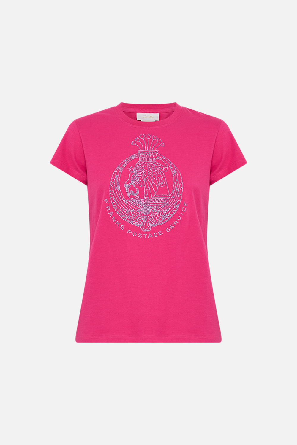 CAMILLA Hot Pink Slim Fit Round Neck T Shirt in Song Of The Scarab print. 