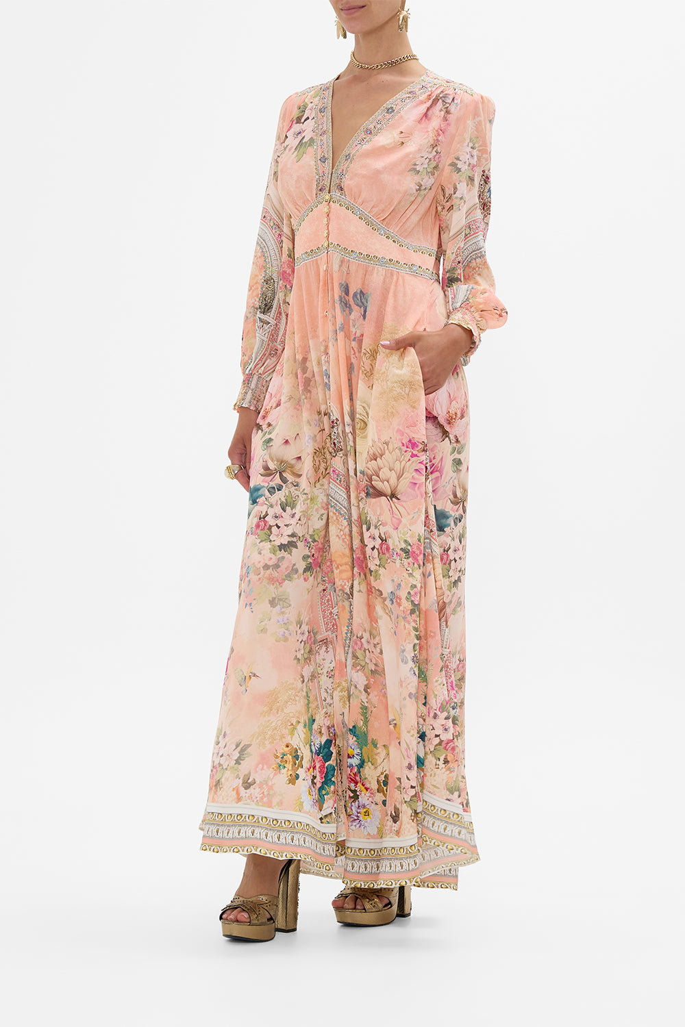 CAMILLA Button Dress With Shaped Waistband in The Jewellery Palace Print. 