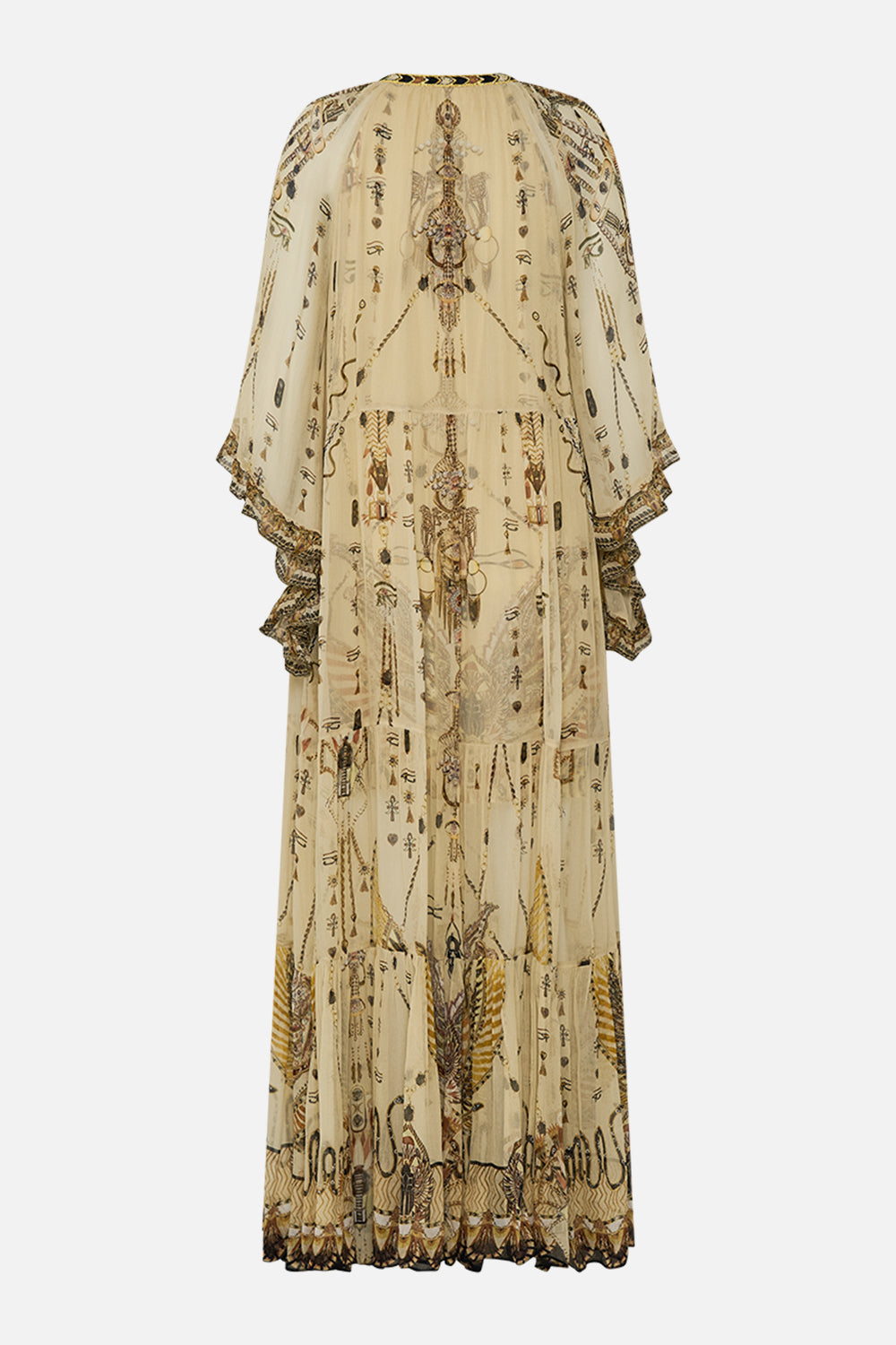 CAMILLA Gold Wide Sleeve Gathered Dress in Gateway to the Afterlife Print