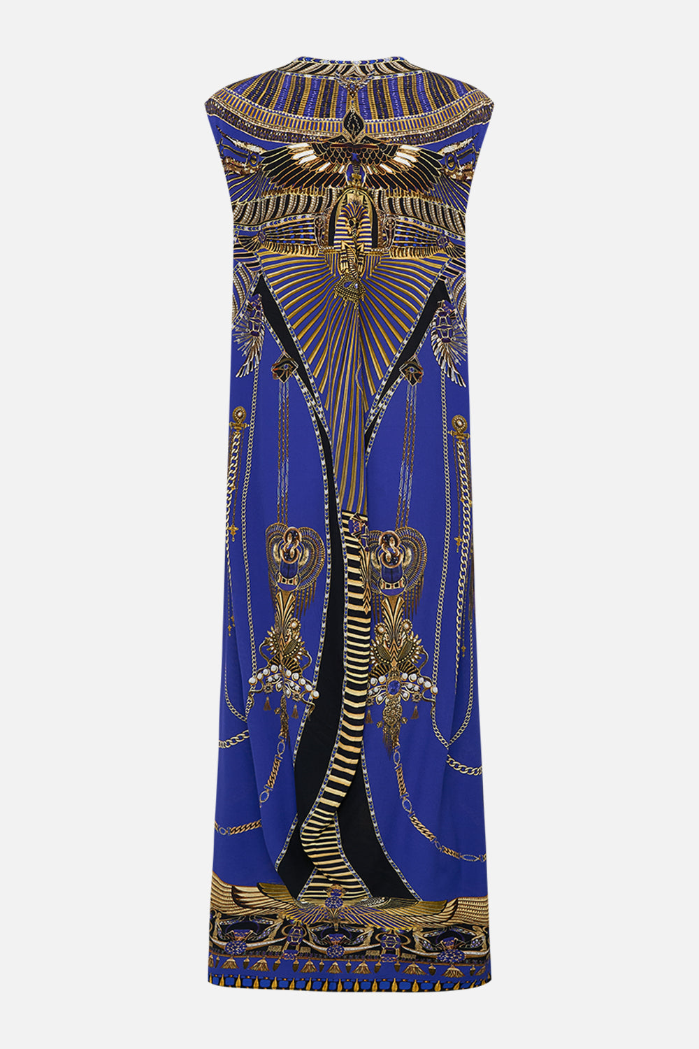 CAMILLA Sleeveless Drape Back Dress in My Fair Pharaoh print. 