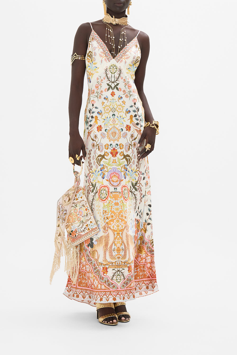 CAMILLA V Neck Long Bias Slip Dress with Train in Honour of Heirlooms print