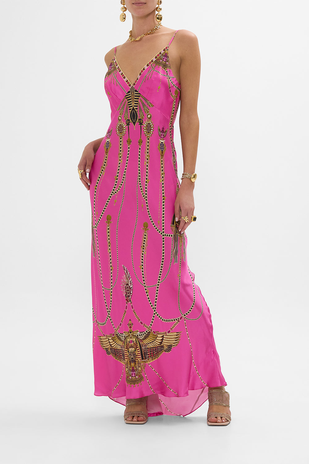 CAMILLA V Neck Long Bias Slip Dress With Train in Song Of The Scarab print. 