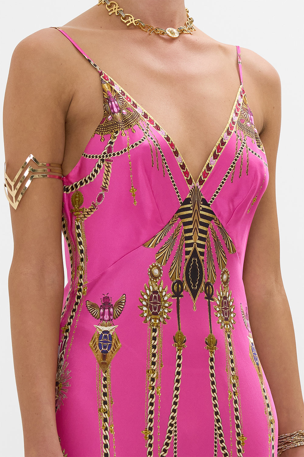 CAMILLA V Neck Long Bias Slip Dress With Train in Song Of The Scarab print. 