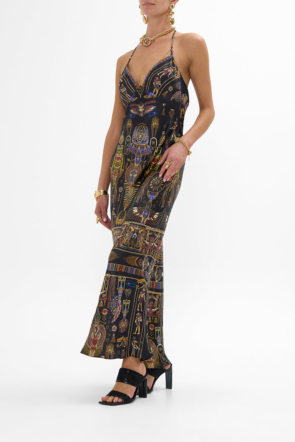 CAMILLA Chain Detail Slip Dress in Cartouche Kingdom print. 