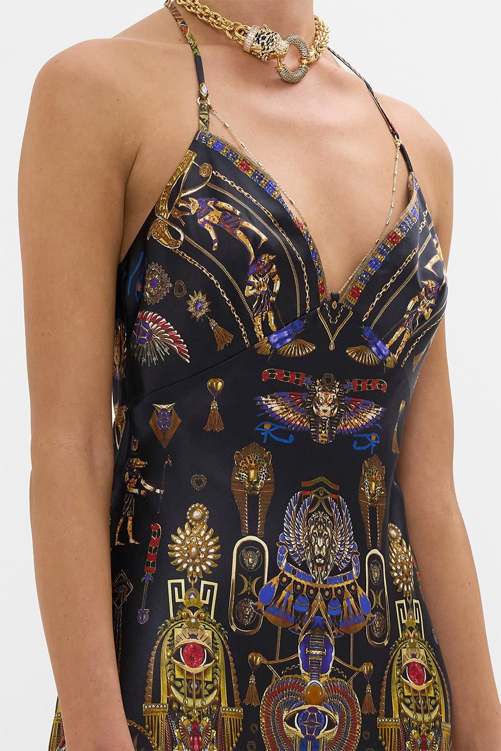 CAMILLA Chain Detail Slip Dress in Cartouche Kingdom print. 
