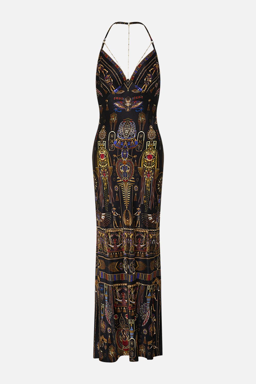 CAMILLA Chain Detail Slip Dress in Cartouche Kingdom print. 
