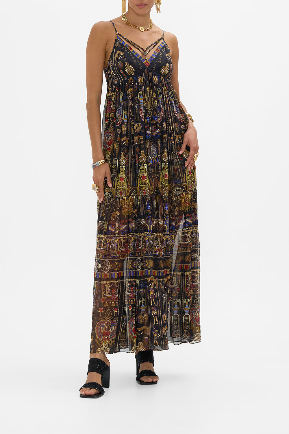 CAMILLA Double Strap Detail Dress in Cartouche Kingdom print. 
