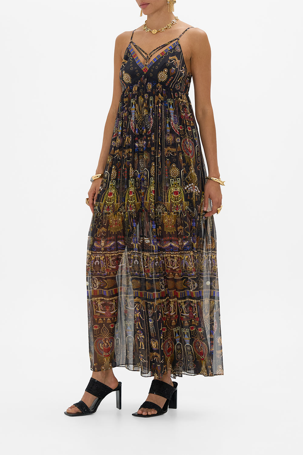 CAMILLA Double Strap Detail Dress in Cartouche Kingdom print. 