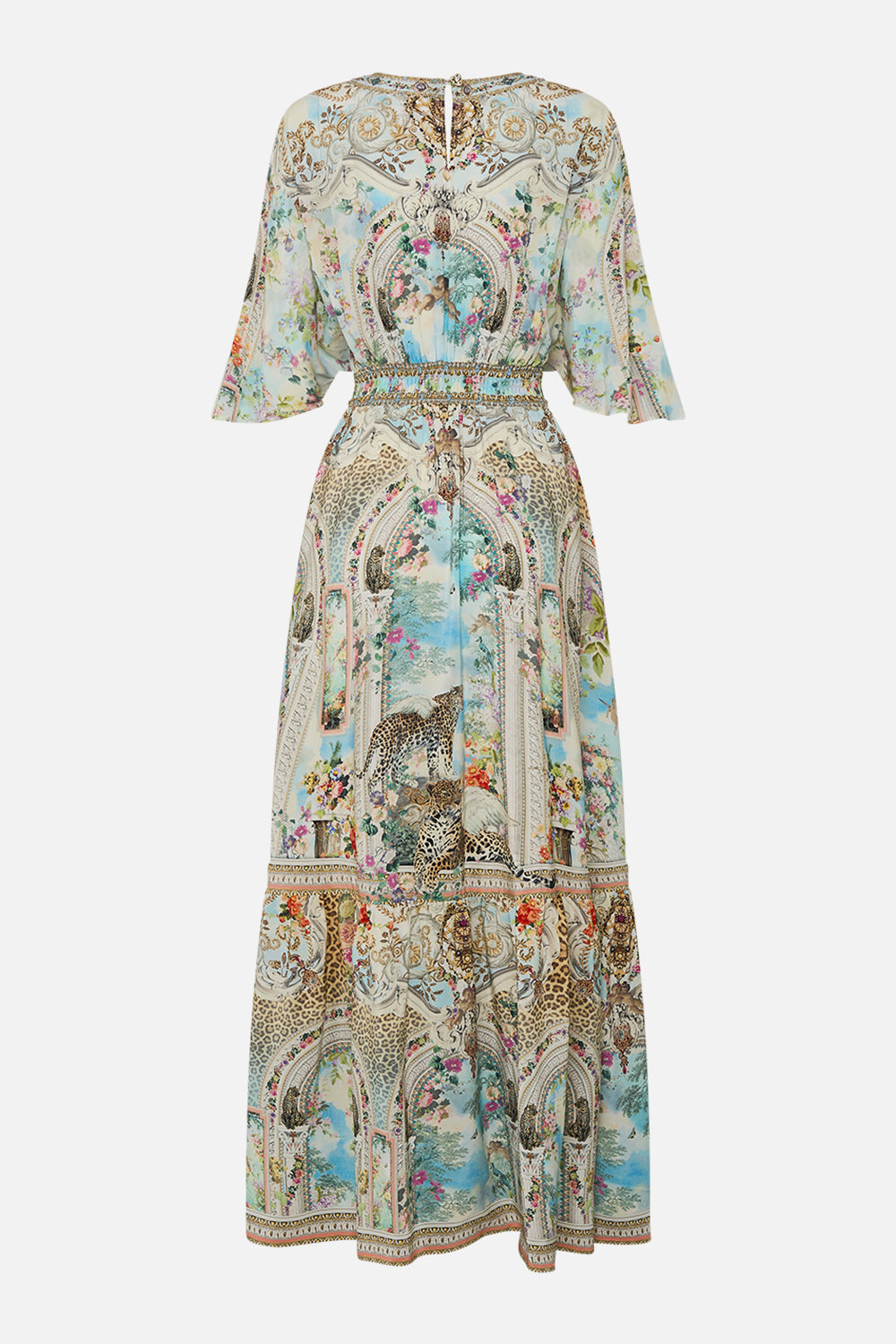 CAMILLA Waisted Dress With Hem Ruffle in We Always Have Alexandria Print. 