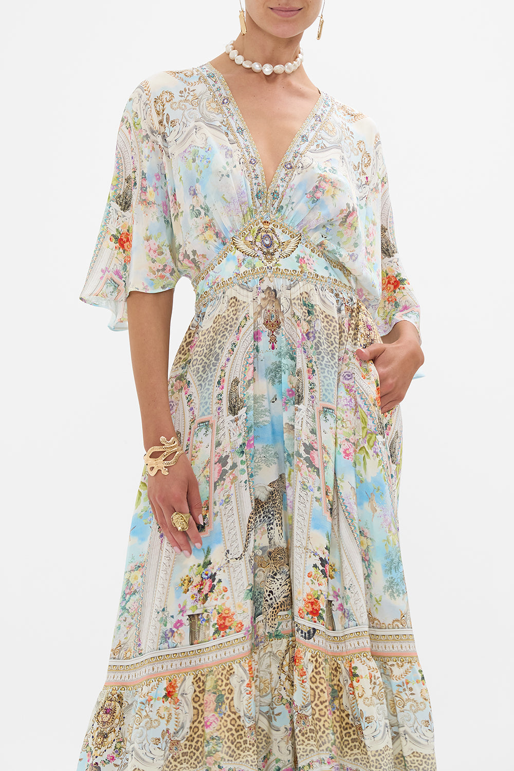 CAMILLA Waisted Dress With Hem Ruffle in We Always Have Alexandria Print. 