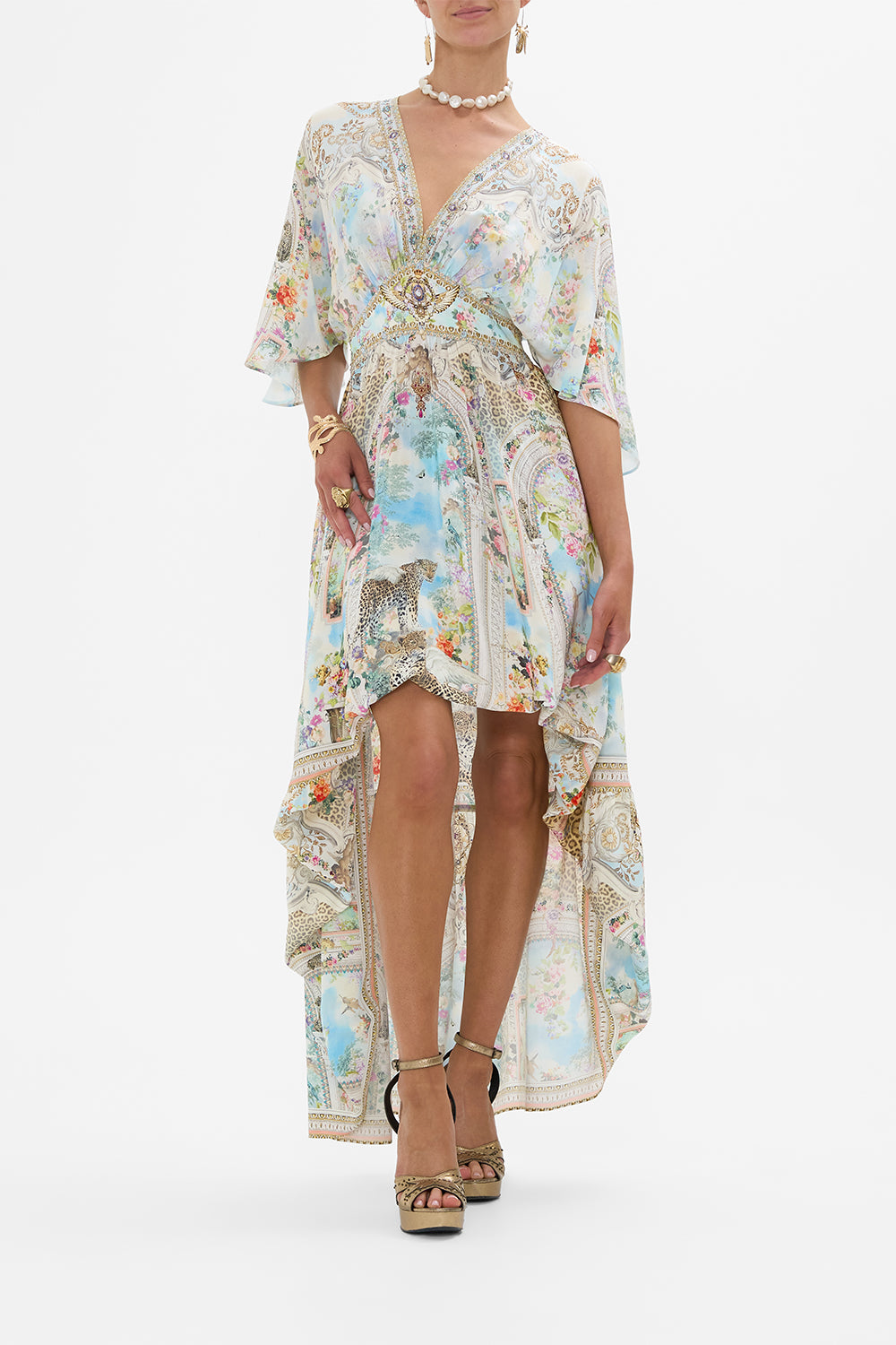 CAMILLA Waisted Dress With Hem Ruffle in We Always Have Alexandria Print. 