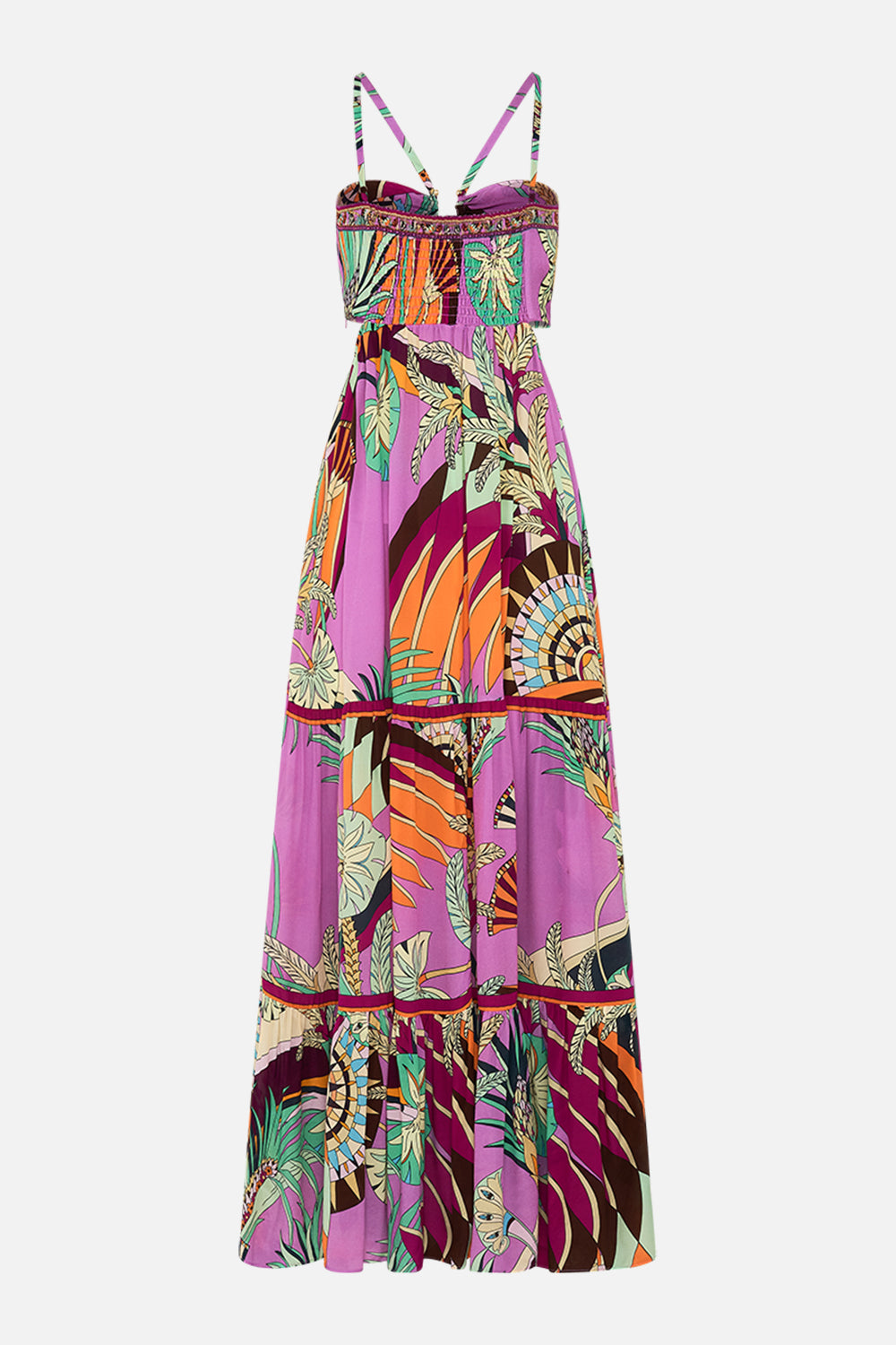 CAMILLA Gathered Cut Out Dress in Giza Goddess print. 