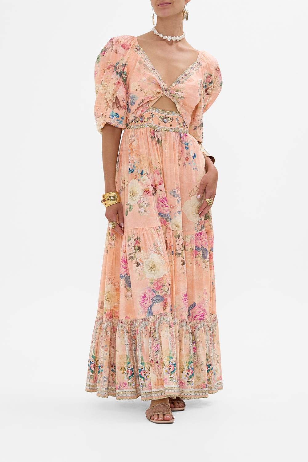 CAMILLA Floral Tiered Puff Sleeve Dress in The Jewellery Palace print. 