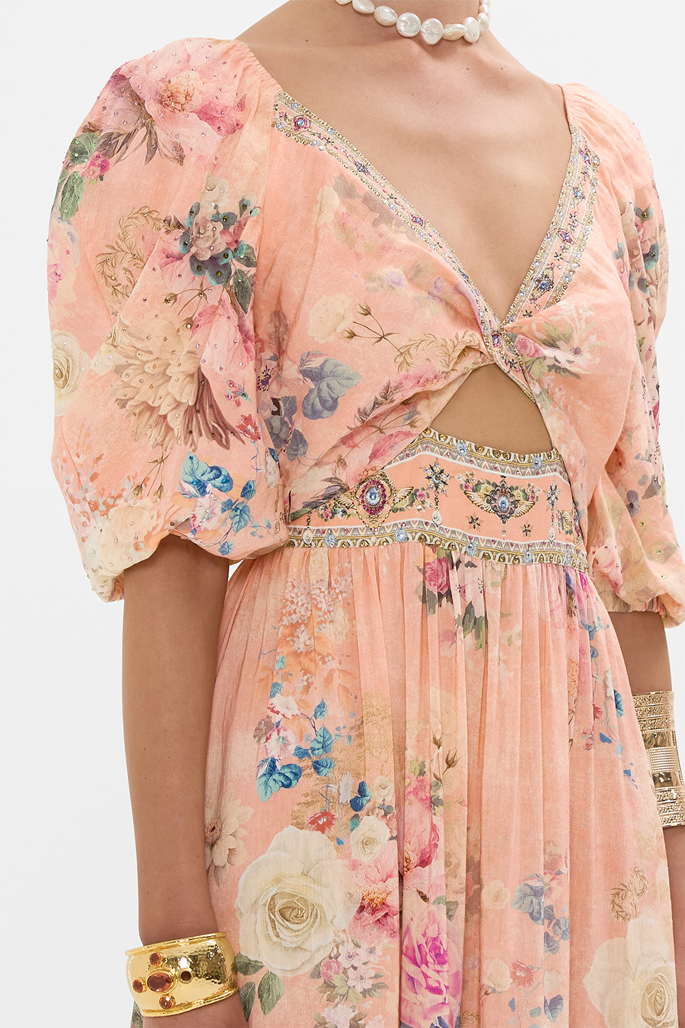 CAMILLA Floral Tiered Puff Sleeve Dress in The Jewellery Palace print. 