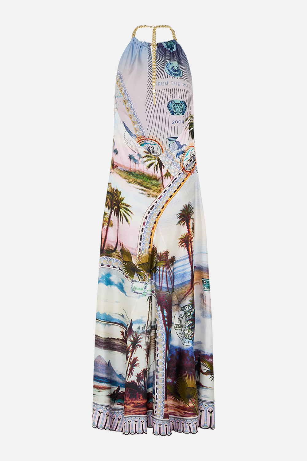 CAMILLA low back long dress with neck hardware in Call Me In Cairo print 