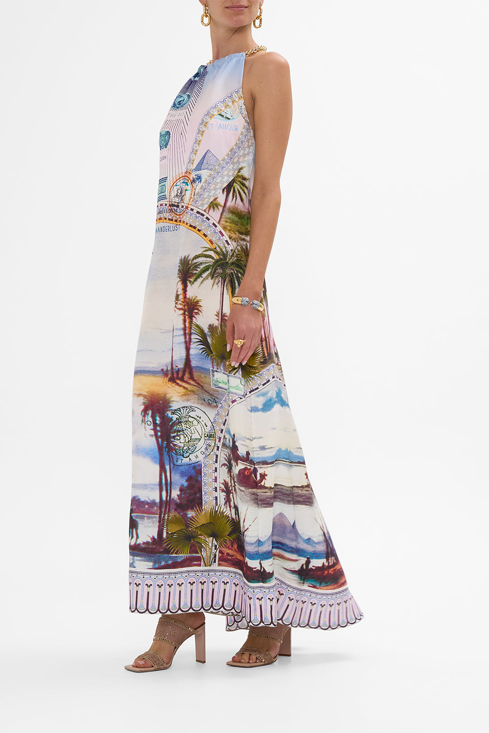 CAMILLA low back long dress with neck hardware in Call Me In Cairo print 