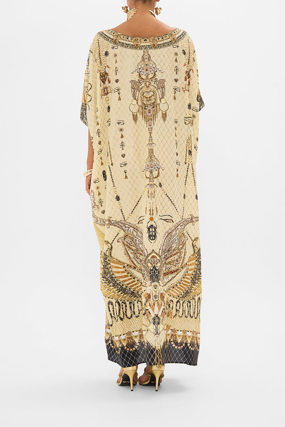 CAMILLA Gold Round Neck Kaftan in Gateway to the Afterlife Print
