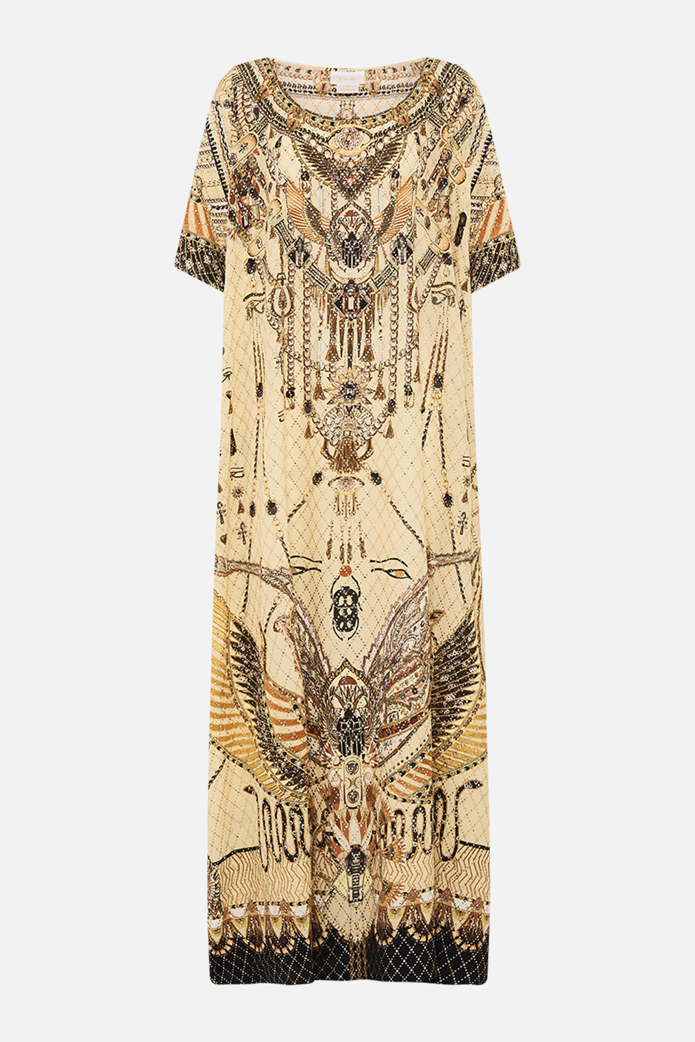 CAMILLA Gold Round Neck Kaftan in Gateway to the Afterlife Print