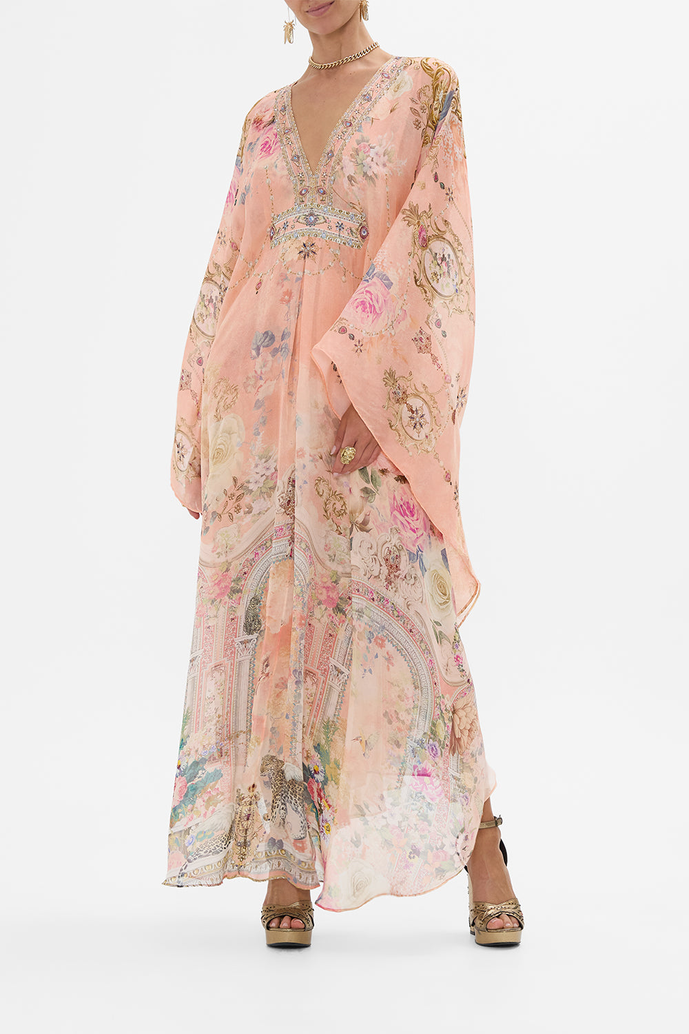 CAMILLA Long Kaftan With Waist Detail in The Jewellery Palace Print. 