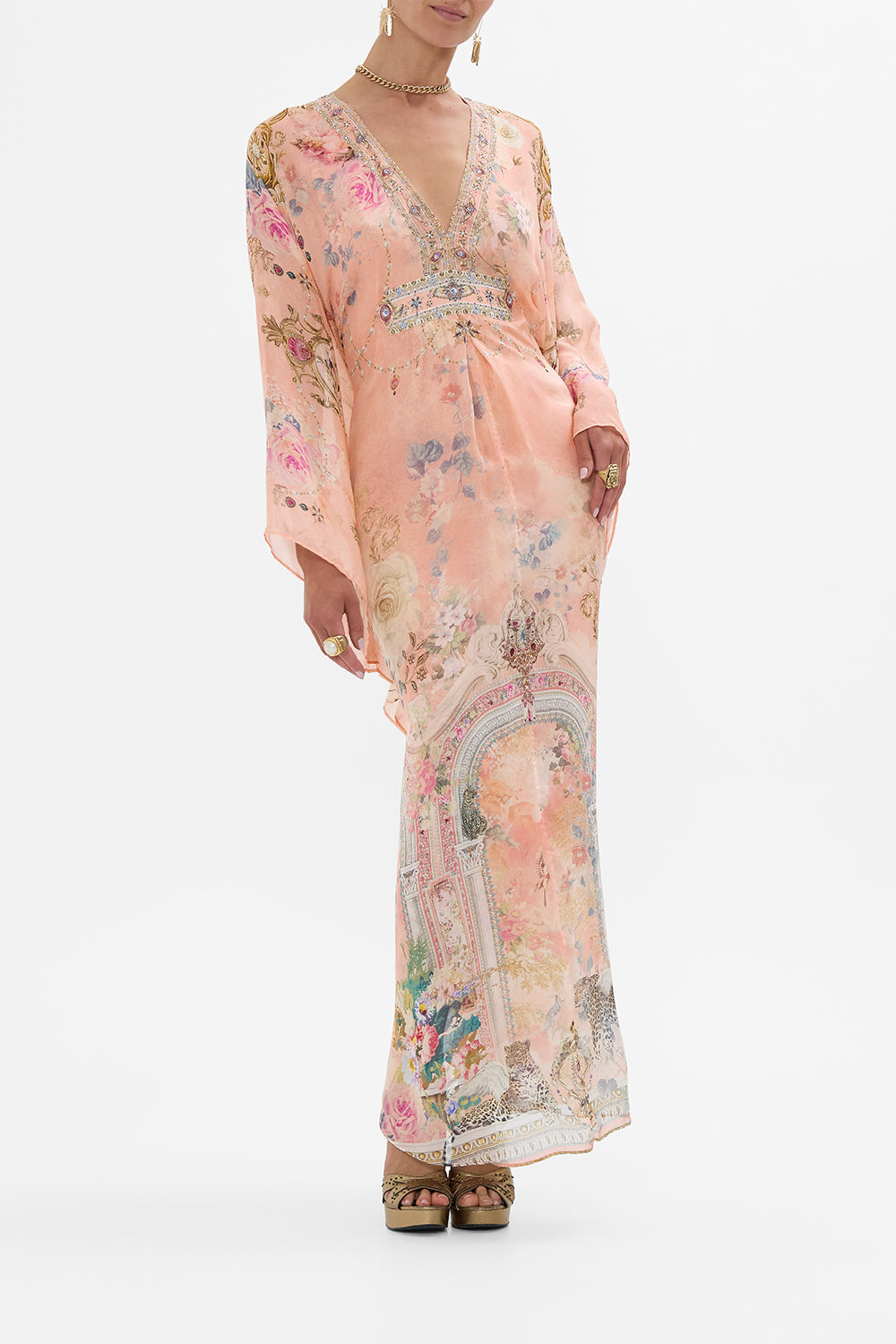 CAMILLA Long Kaftan With Waist Detail in The Jewellery Palace Print. 