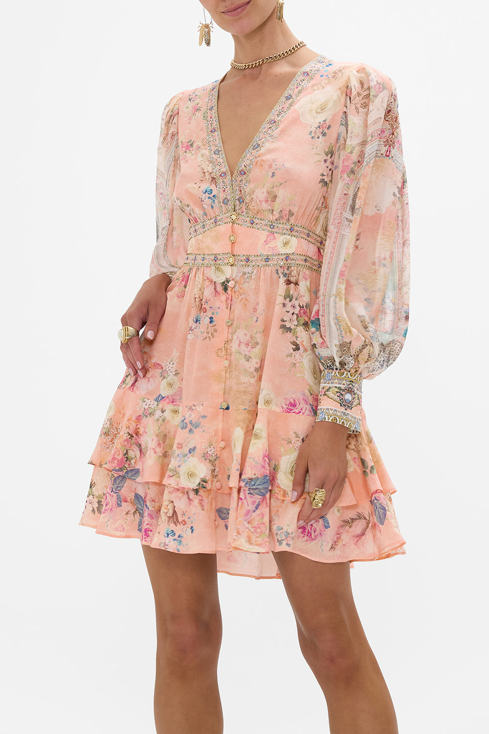 CAMILLA Floral Button Front Frill Dress in The Jewellery Palace Print. 
