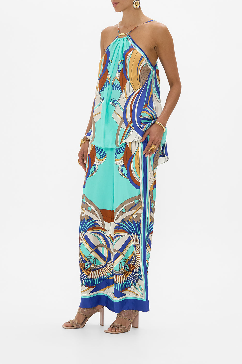 CAMILLA Gather Neck Hardware Top in Oasis Oracle print. 