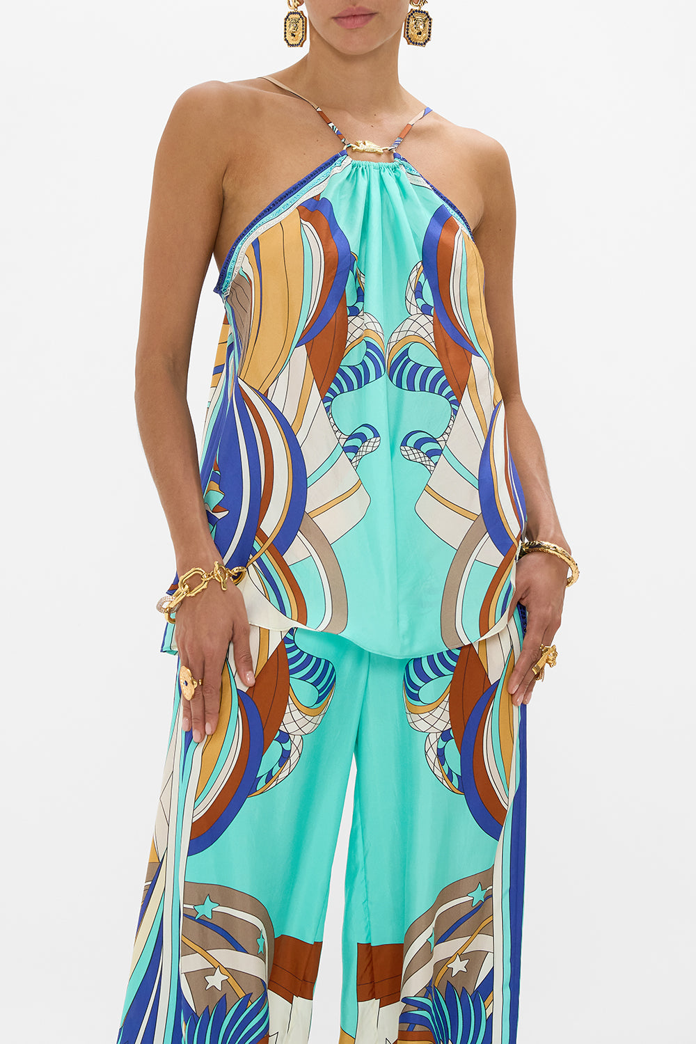 CAMILLA Gather Neck Hardware Top in Oasis Oracle print. 