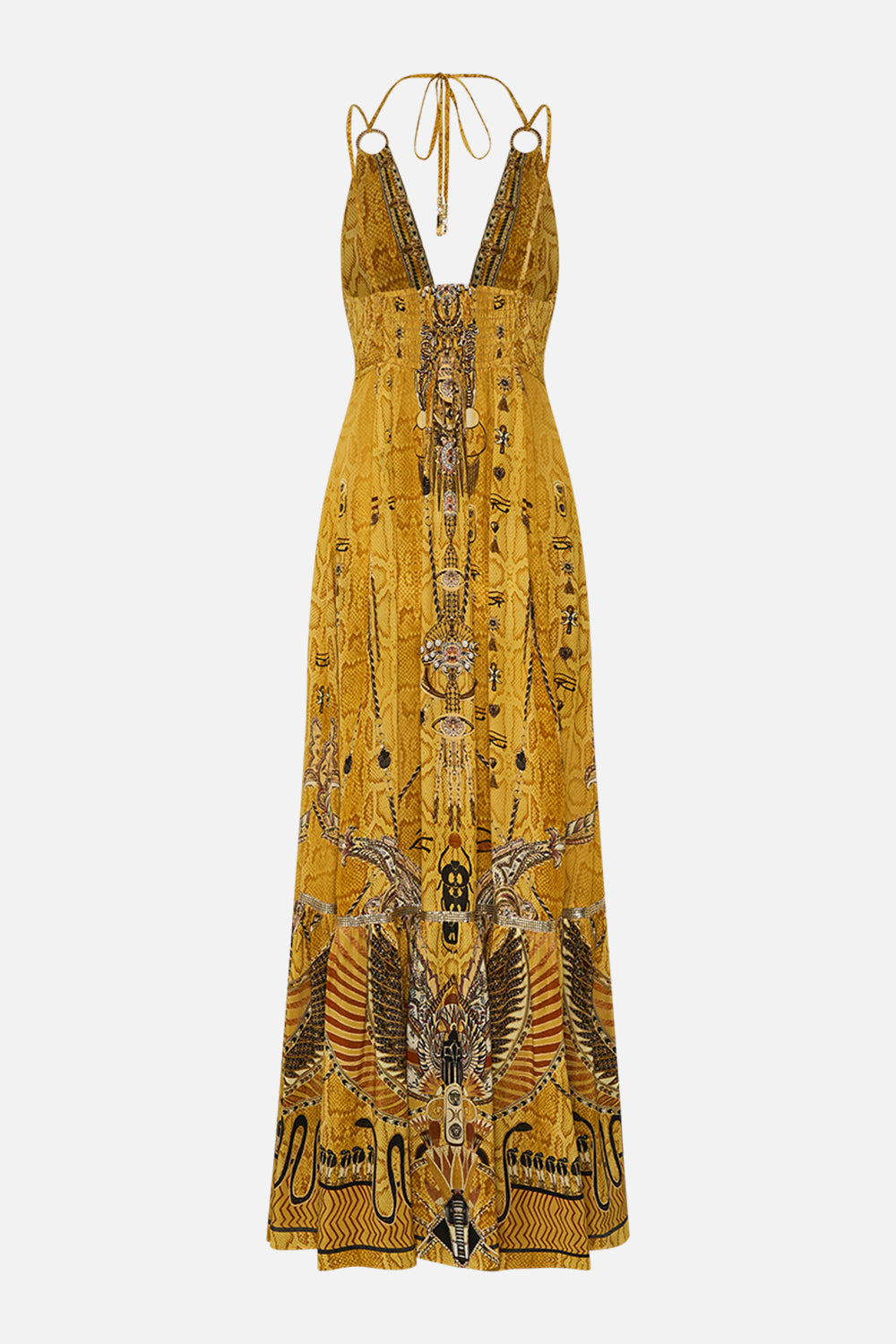 CAMILLA Gold Tiered Dress with Hardware in Valley of the Kings Print