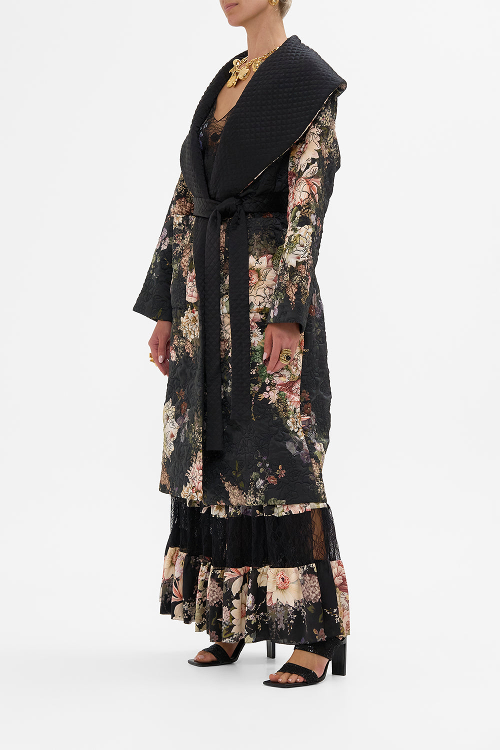 CAMILLA Quilted Long Wrap Coat in Dynasty Daze print. 