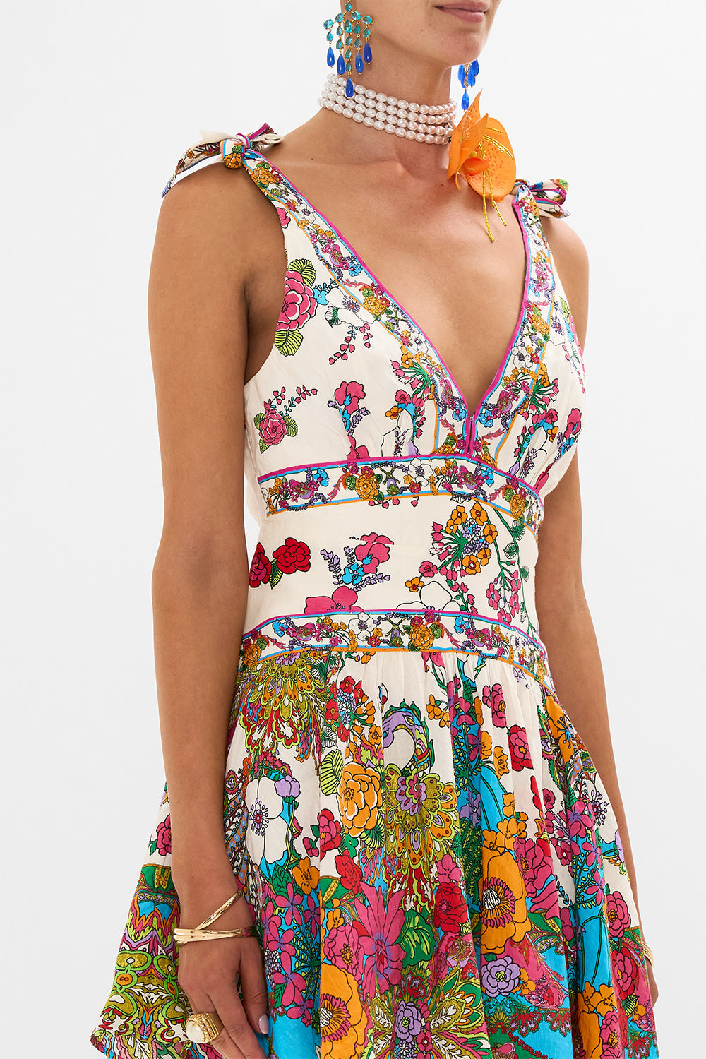CAMILLA retro floral tie shoulder short dress in Cosmic Prairie print.